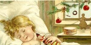 Christmas card. A sleeping child in his bed with some of his Christmas presents || Julkort. Ett  sovande barn i sin säng med några av sina julklappar