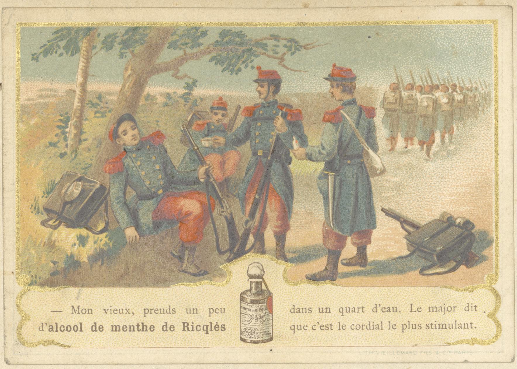 02-Image humoristique du repos du piou-piou, publicité 'Alcool de menthe Ricqlès'