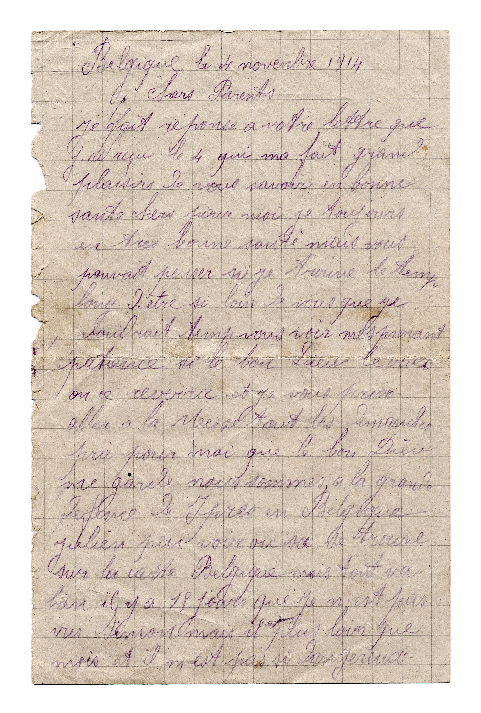 Lettre de Jean à ses parents (4 novembre 1914).