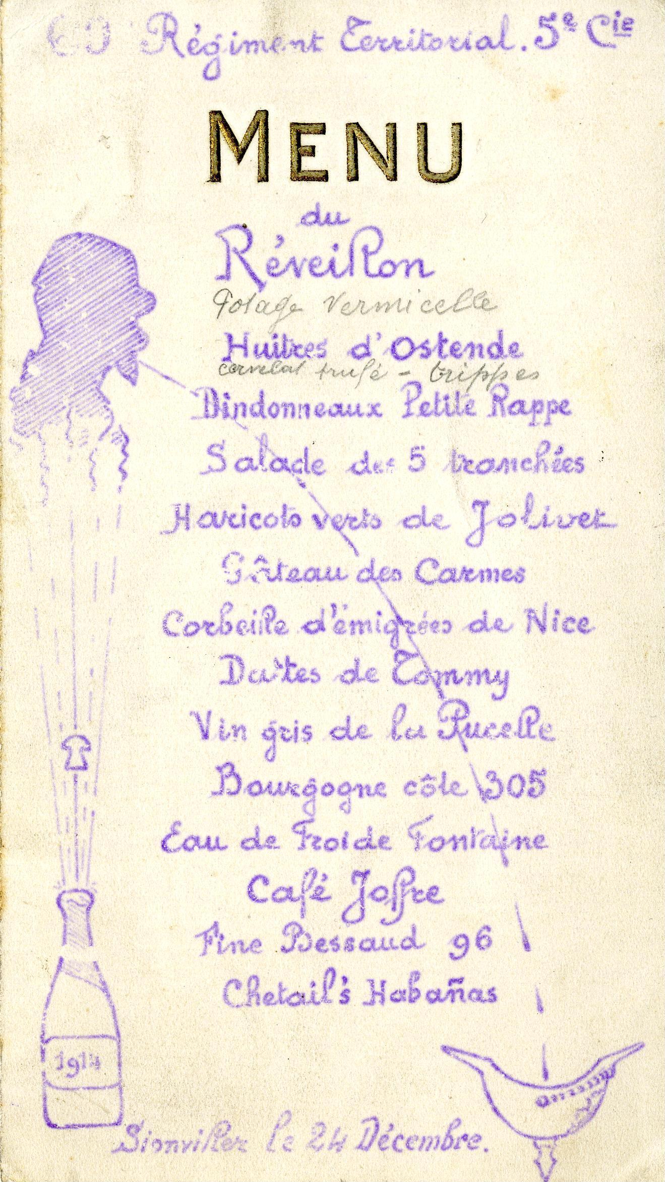 Menu du réveillon du 60e Régiment Territorial, 5e Compagnie à Sionviller (24 décembre [1914])