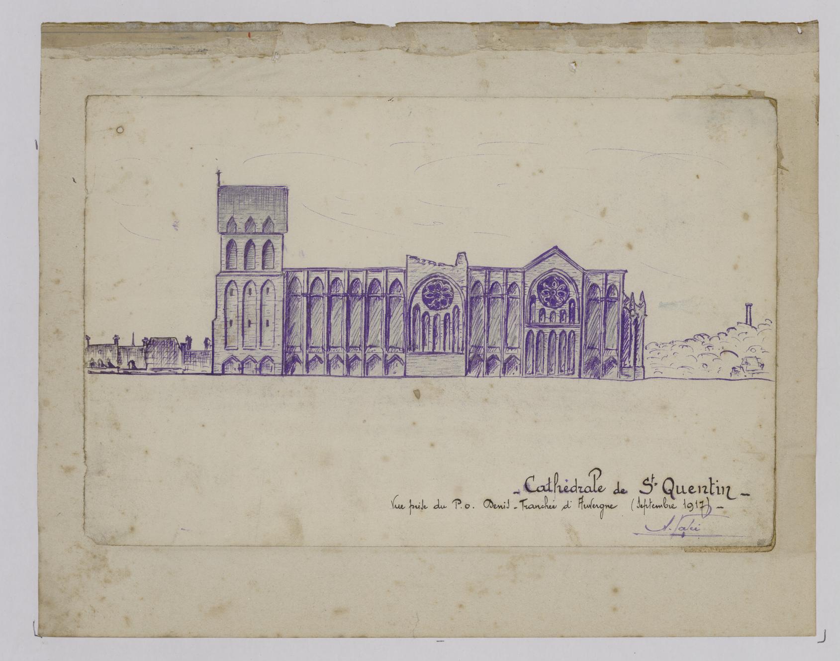10 - La cathédrale de Saint-Quentin - Dessin d'Albert Valée, extrait de son Journal de guerre