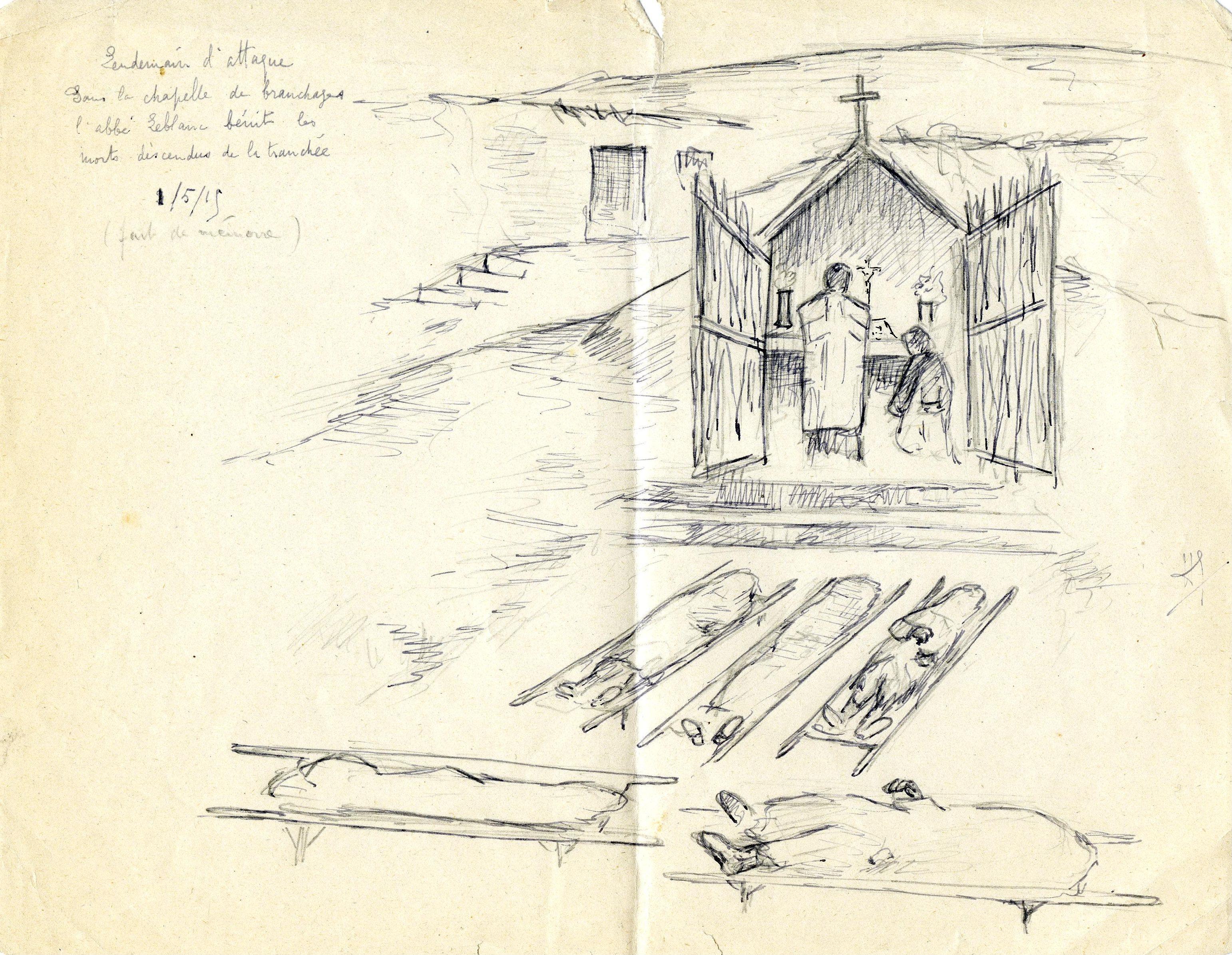 Dessin d’Henri Grollier de la chapelle de branchages à Marbotte. « Lendemain d’attaque, sous la chapelle de branchages l’abbé Leblanc bénit les morts descendus de la tranchée. 1/5/15 (fait de mémoire) »