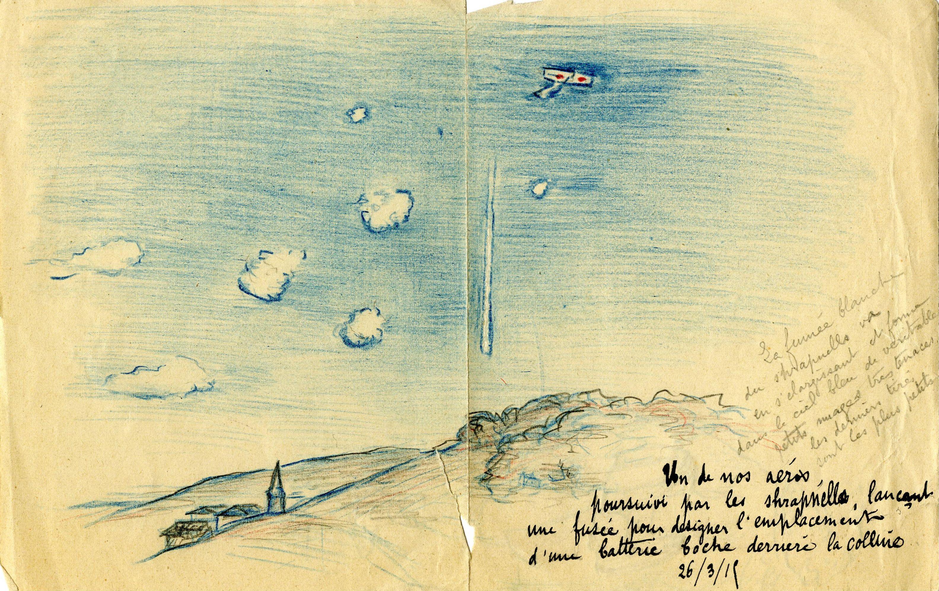 Dessin d’Henri Grollier : « Un de nos aéros, poursuivi par les schrapnells lançant une fusée pour désigner l’emplacement d’une batterie boche derrière la colline. 26/3/15 »